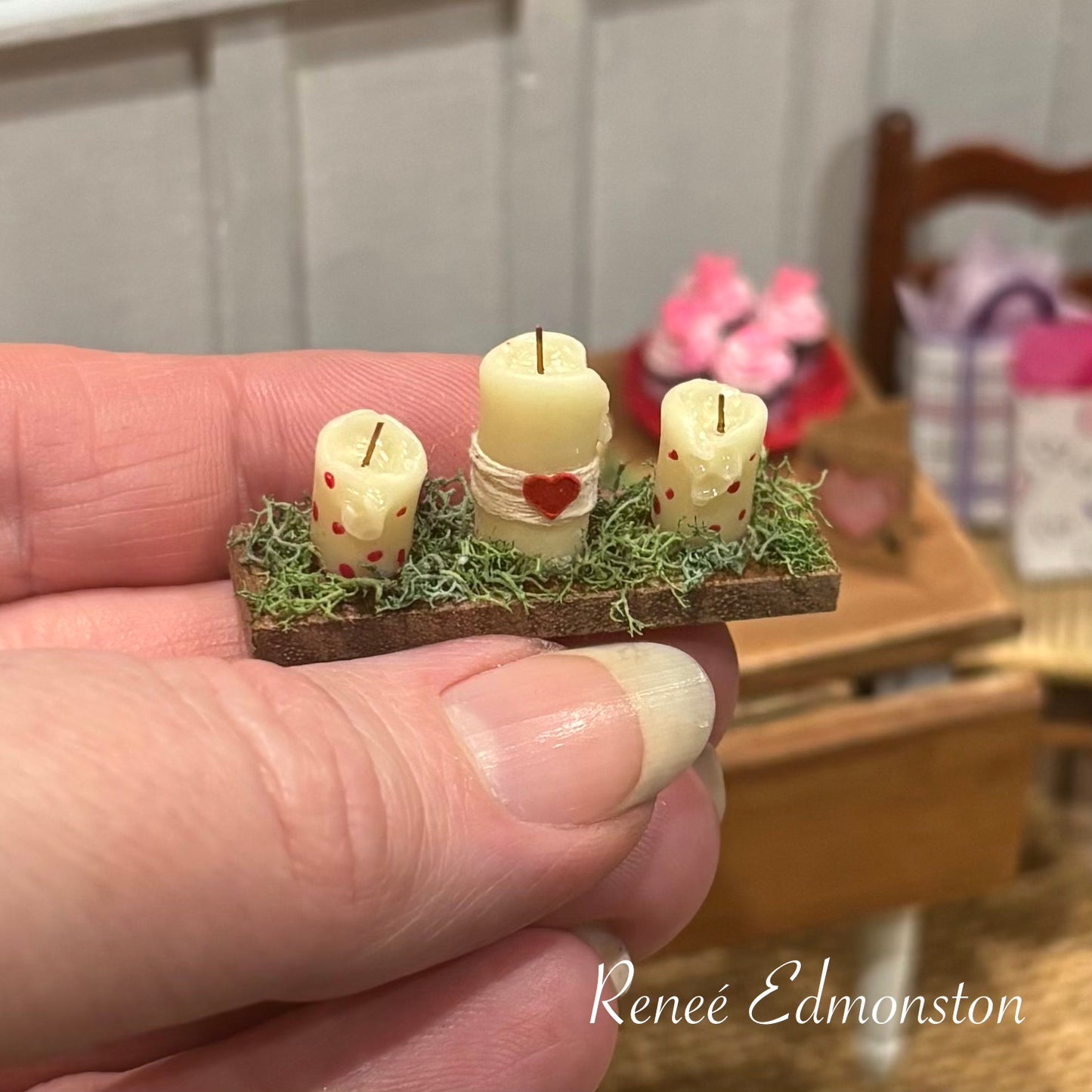 Miniature Valentines Day Holiday Rustic Candleholder Table Decor Centerpiece Dollhouse 1:12 Scale