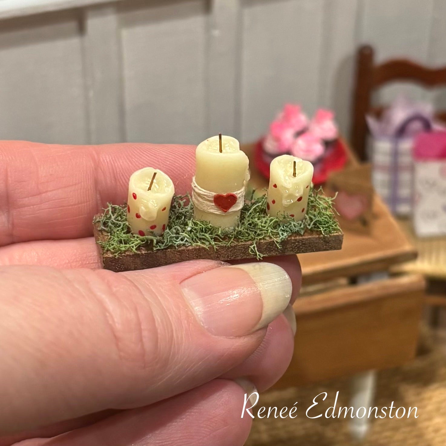 Miniature Valentines Day Holiday Rustic Candleholder Table Decor Centerpiece Dollhouse 1:12 Scale