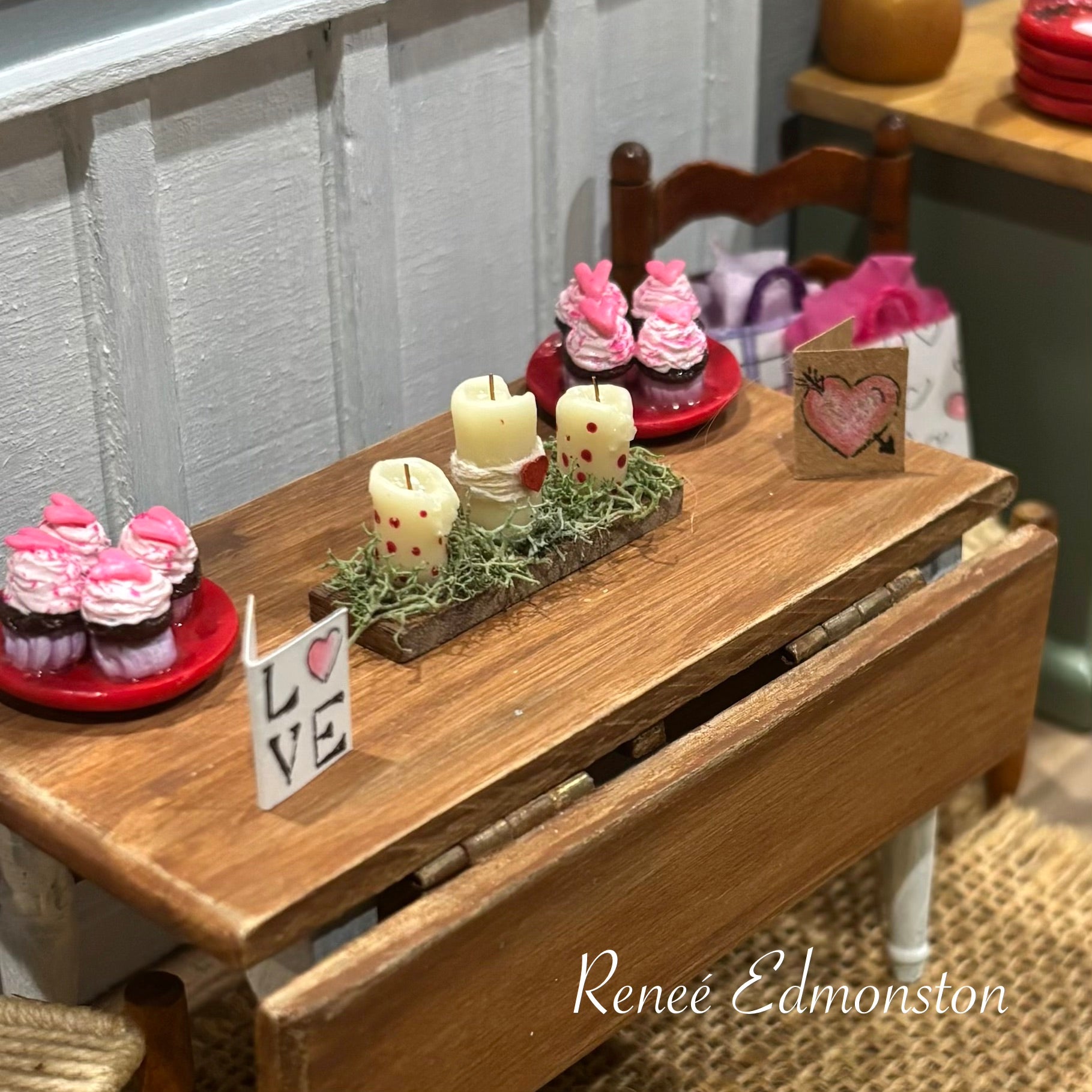 Miniature Valentines Day Holiday Rustic Candleholder Table Decor Centerpiece Dollhouse 1:12 Scale