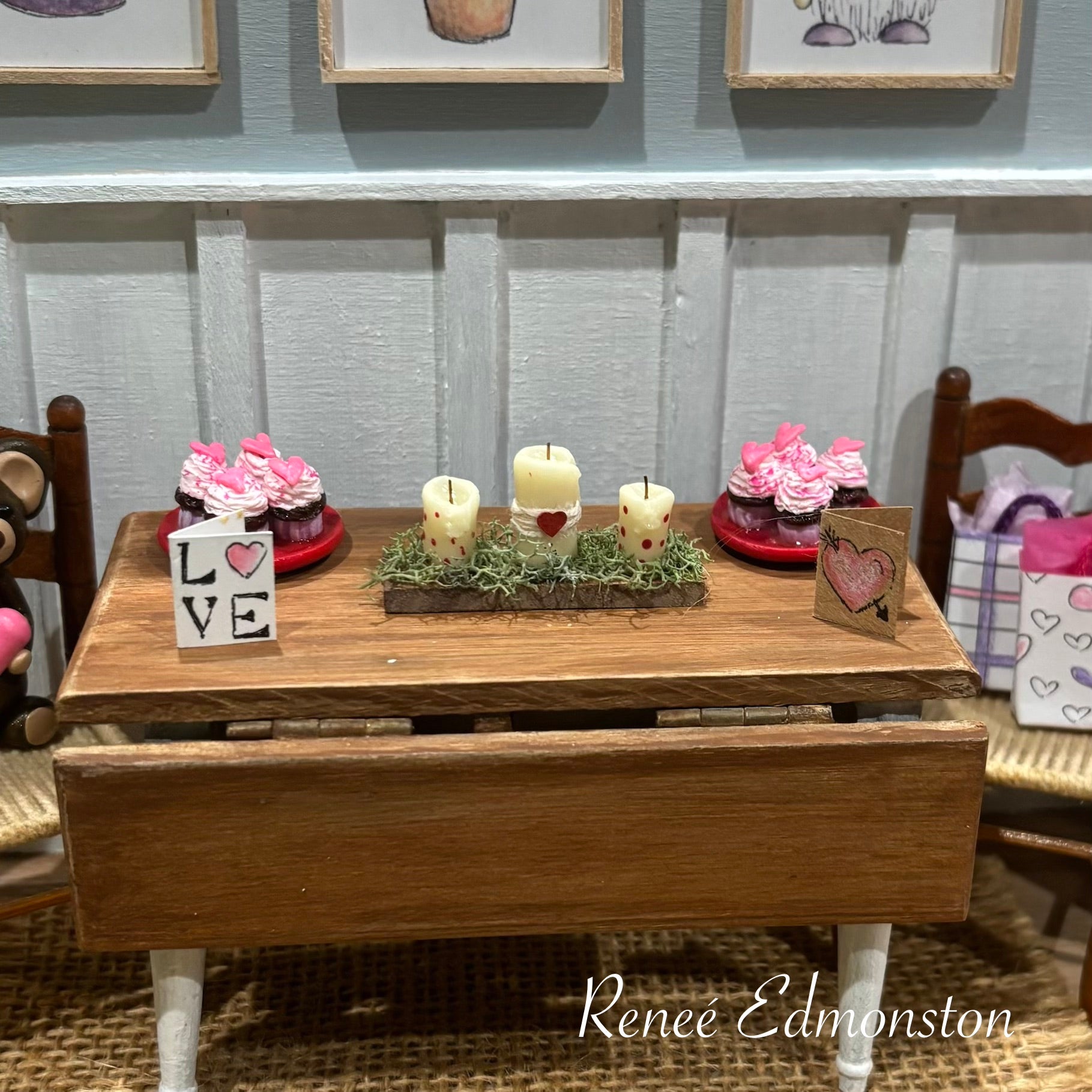 Miniature Valentines Day Holiday Rustic Candleholder Table Decor Centerpiece Dollhouse 1:12 Scale