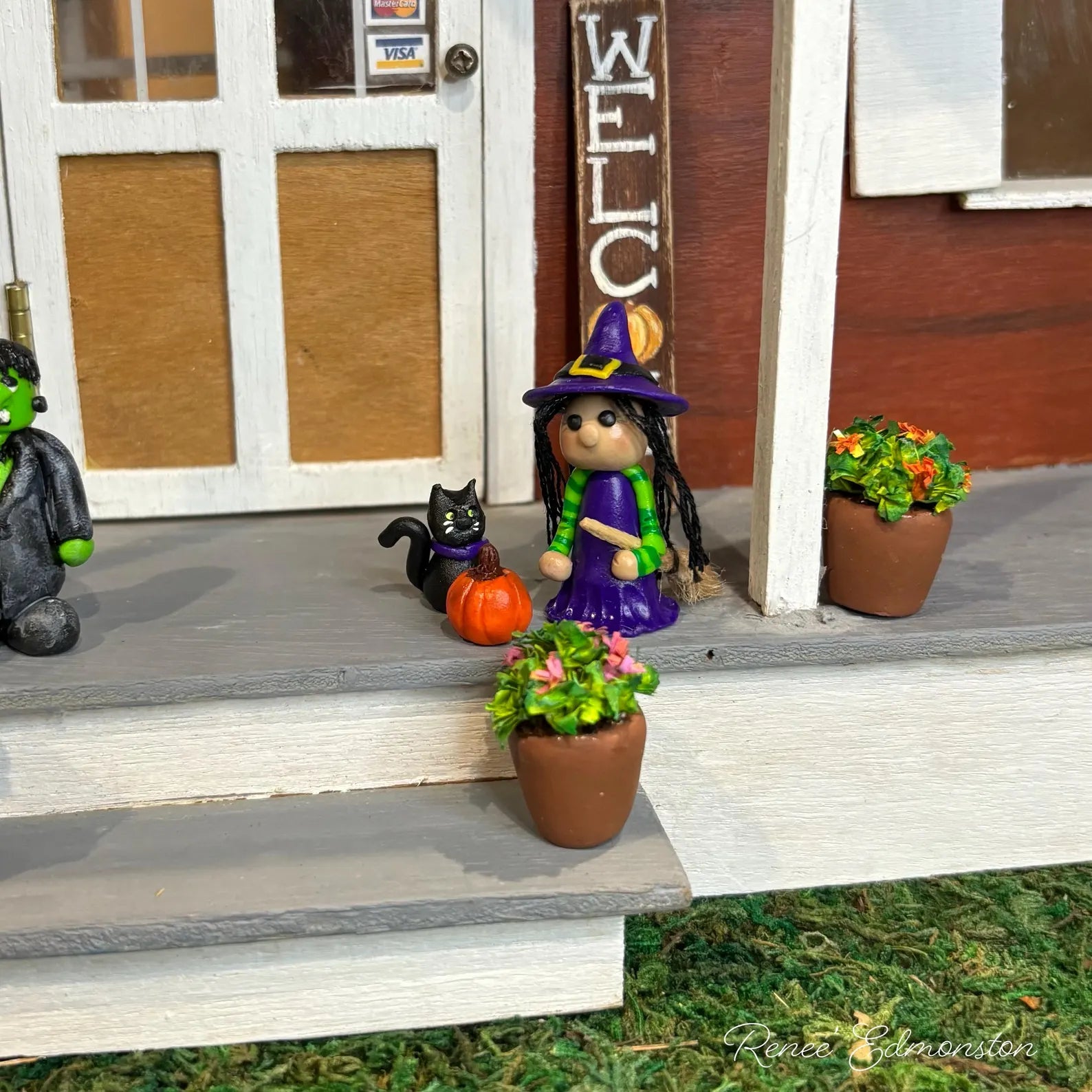 Handmade Miniature Witch, Broom, Cat & Pumpkin Set 1:12 Scale Dollhouse Decor