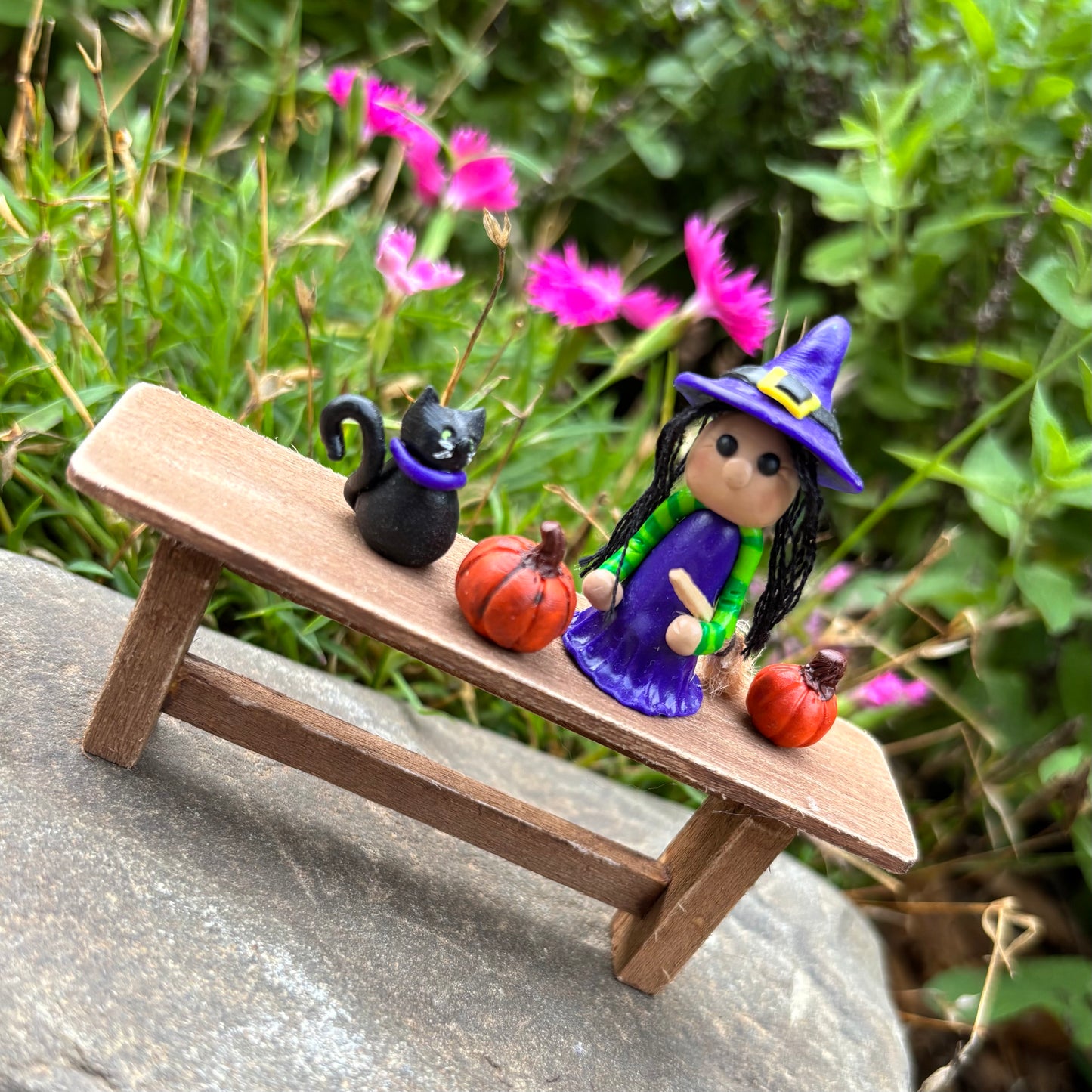 Handmade Miniature Witch, Broom, Cat & Pumpkin Set 1:12 Scale Dollhouse Decor