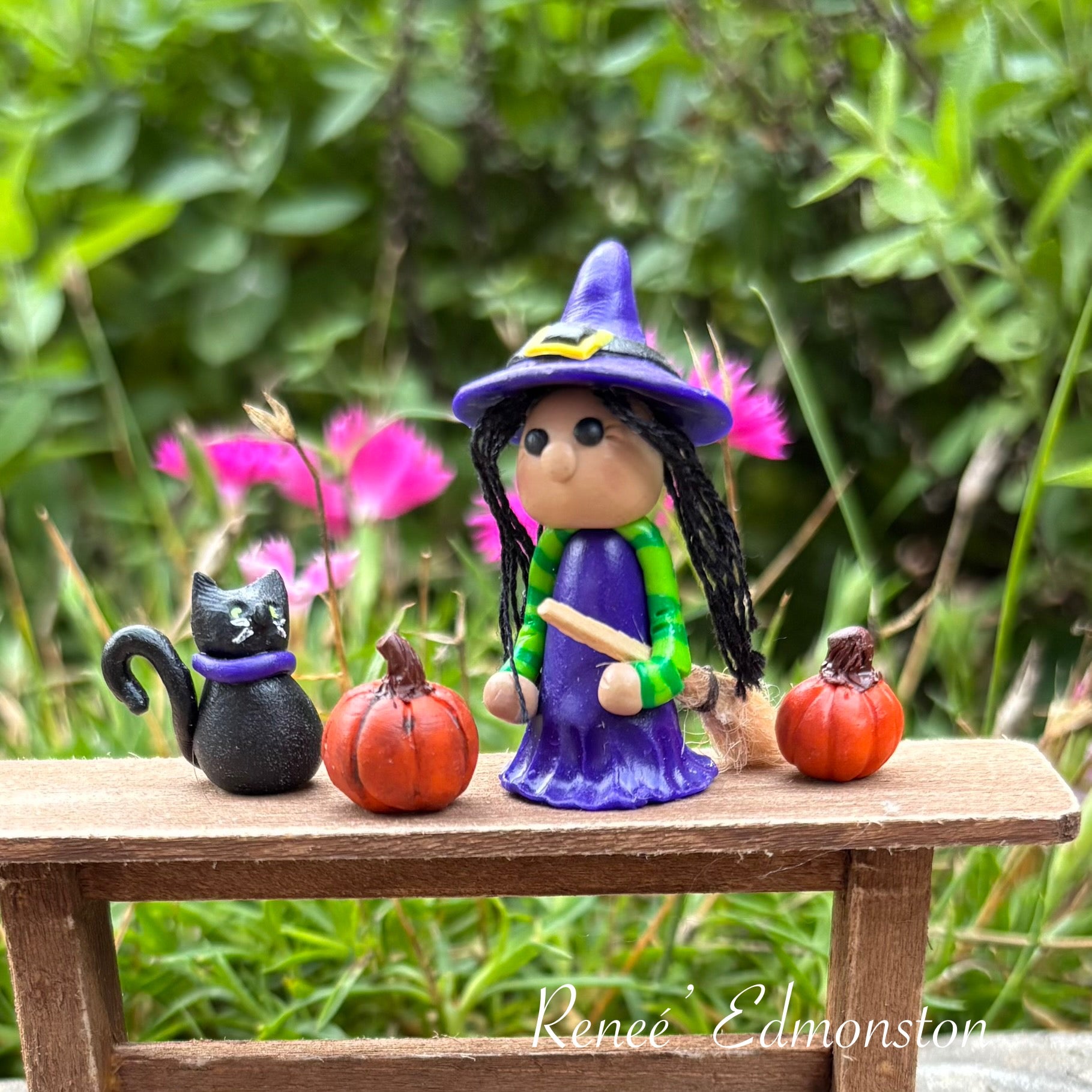 Handmade Miniature Witch, Broom, Cat & Pumpkin Set 1:12 Scale Dollhouse Decor
