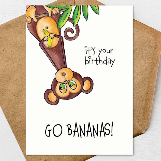 It's your birthday Go Bananas Monkey Birthday Card A7 5x7 on Textured Linen