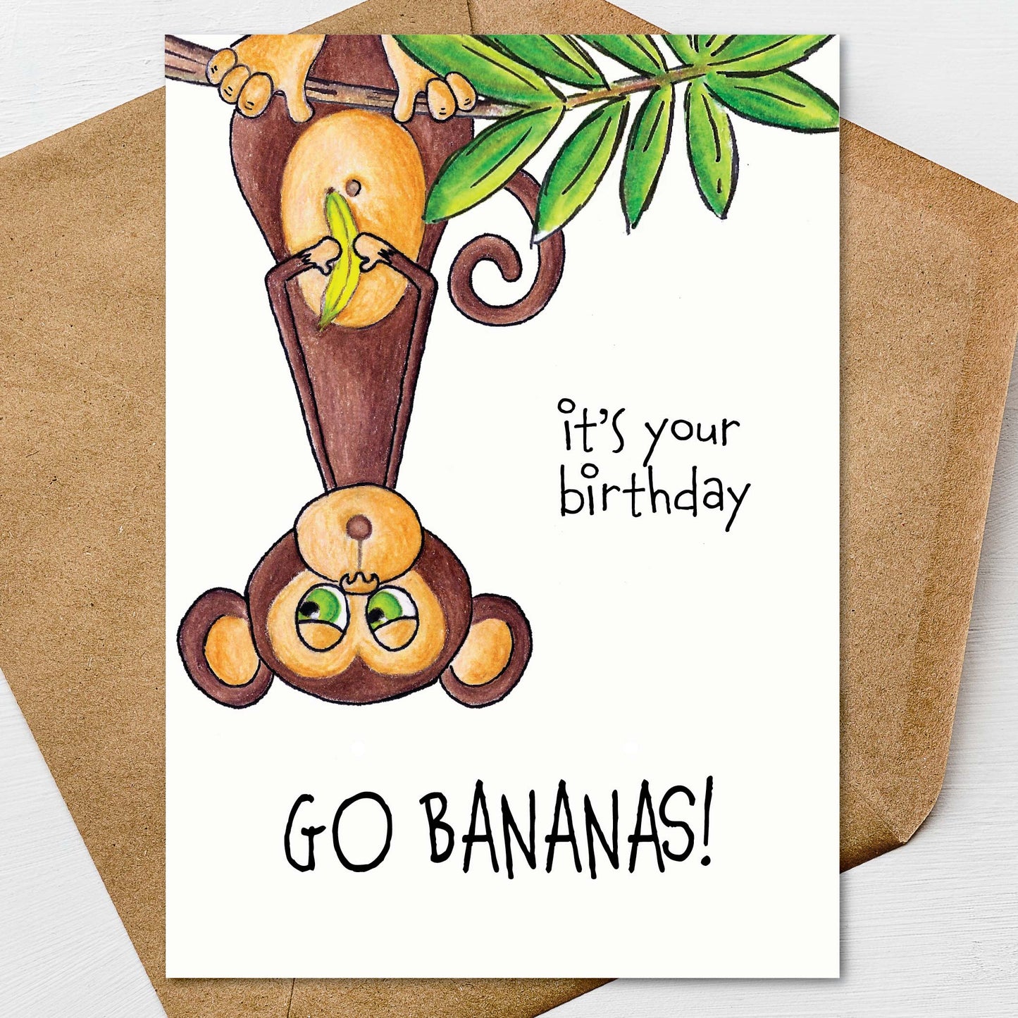 It's your birthday Go Bananas Monkey Birthday Card A7 5x7 on Textured Linen