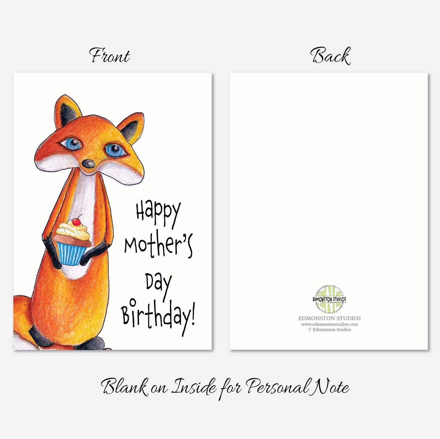 Happy Mothers Day Birthday Fox Card A7 5x7 on Textured Linen