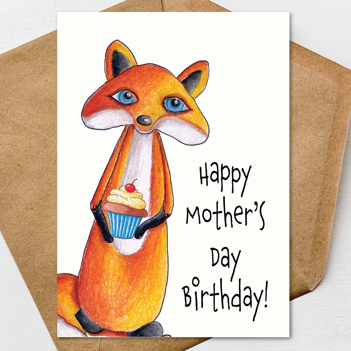 Happy Mothers Day Birthday Fox Card A7 5x7 on Textured Linen