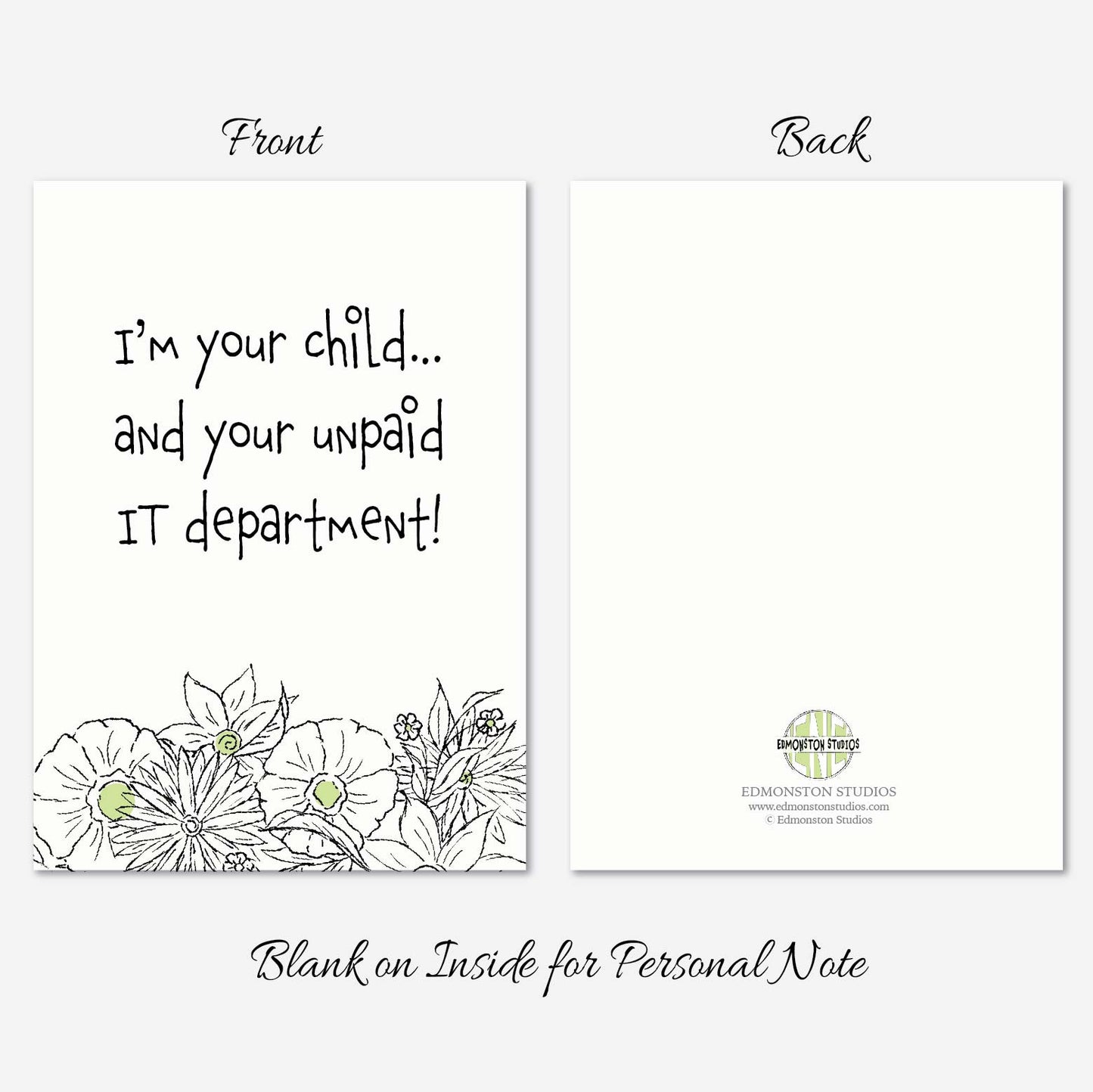 Funny Mother’s Day Card Unpaid IT Department Sarcastic Mom Humor Card Gift 5x7 Personalize