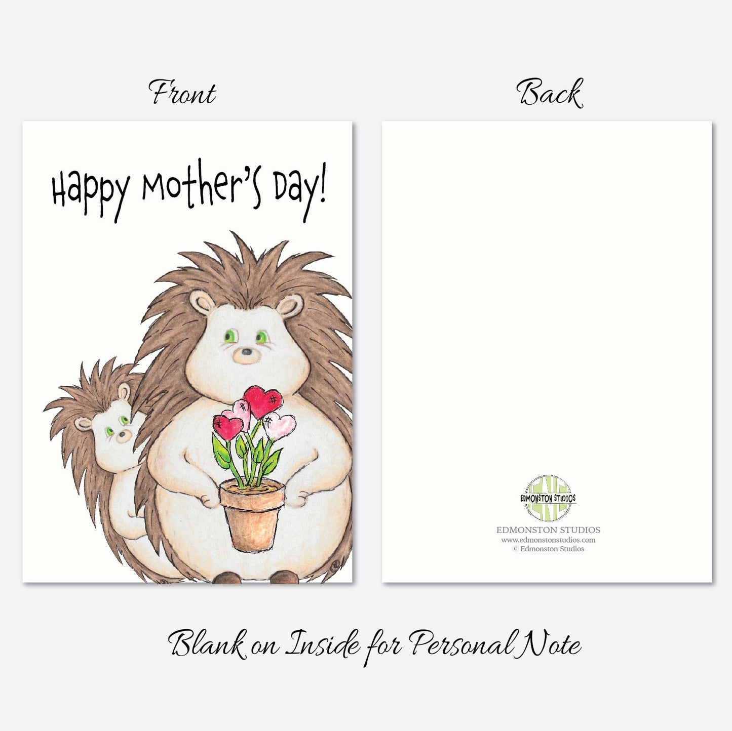 Happy Mothers Day Hedgehog Card A7 5x7 on Textured Linen