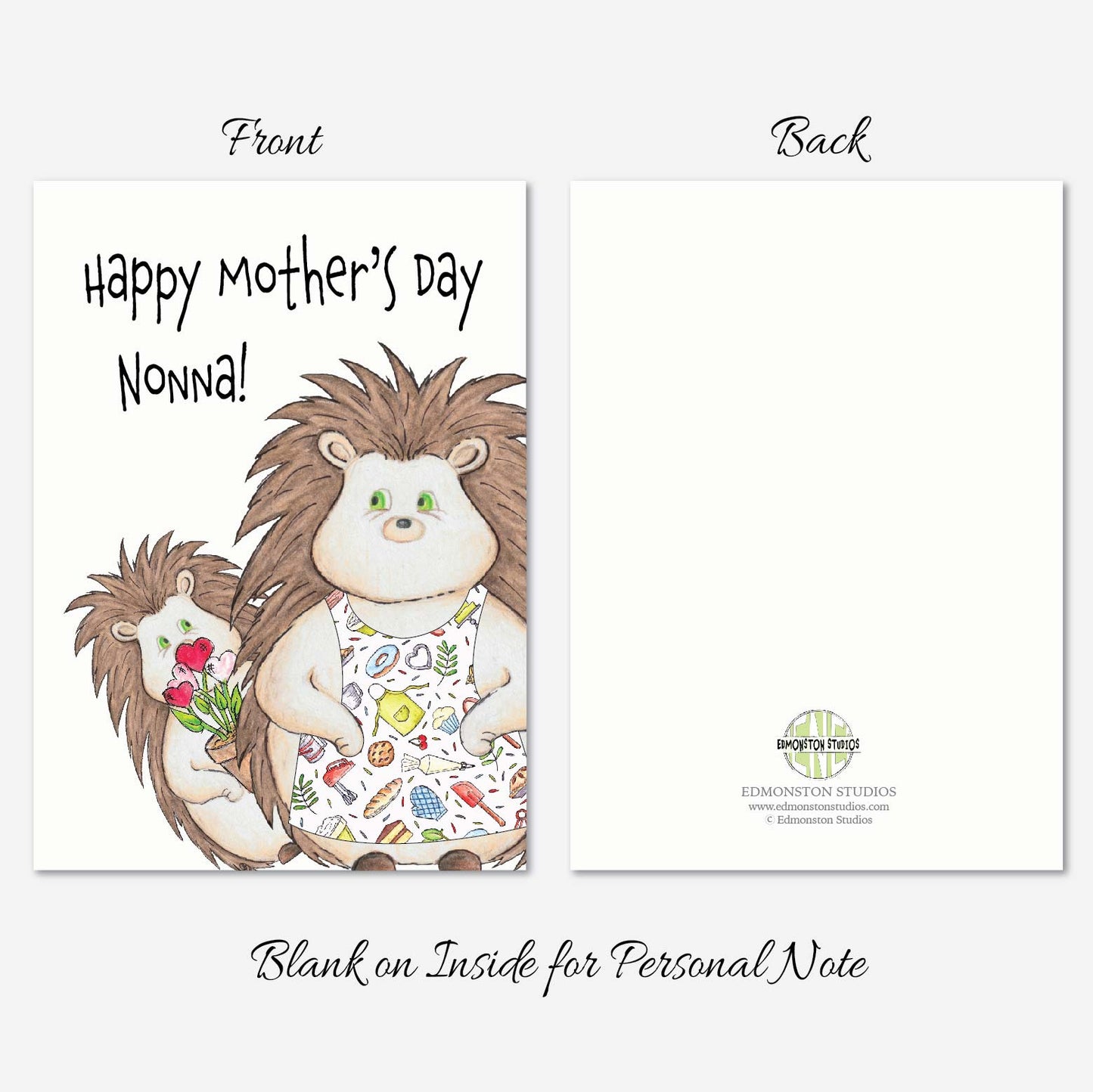 Happy Mothers Day Nonna Hedgehog Card A7 5x7 on Textured Linen