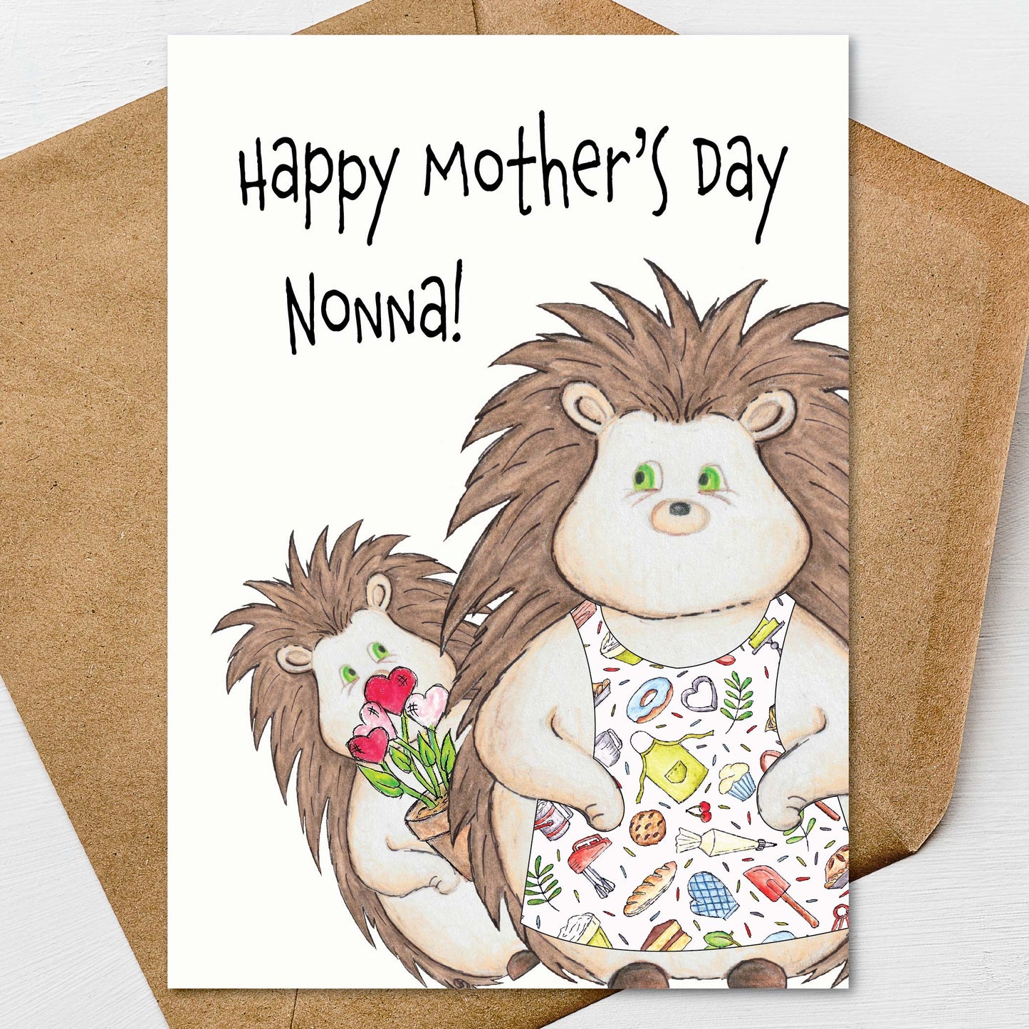 Happy Mothers Day Nonna Hedgehog Card A7 5x7 on Textured Linen