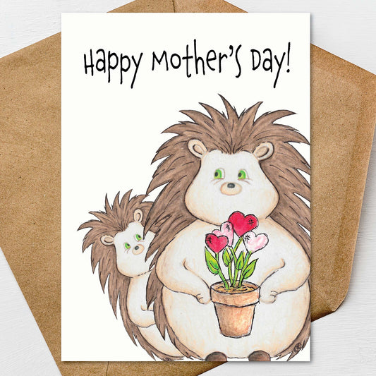Happy Mothers Day Hedgehog Card A7 5x7 on Textured Linen