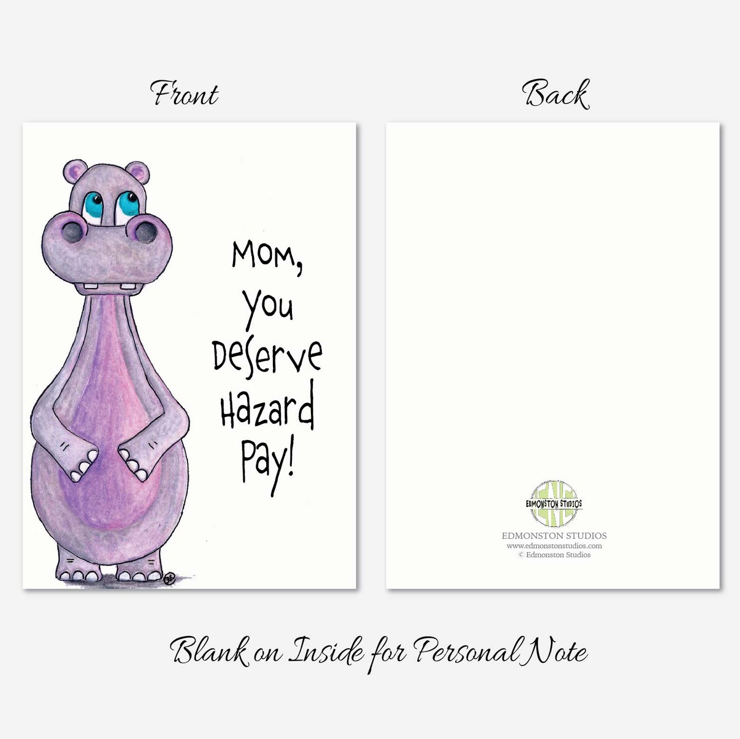 Funny Hippo Mother’s Day Card, Mom You Deserve Hazard Pay 5x7 Personalize