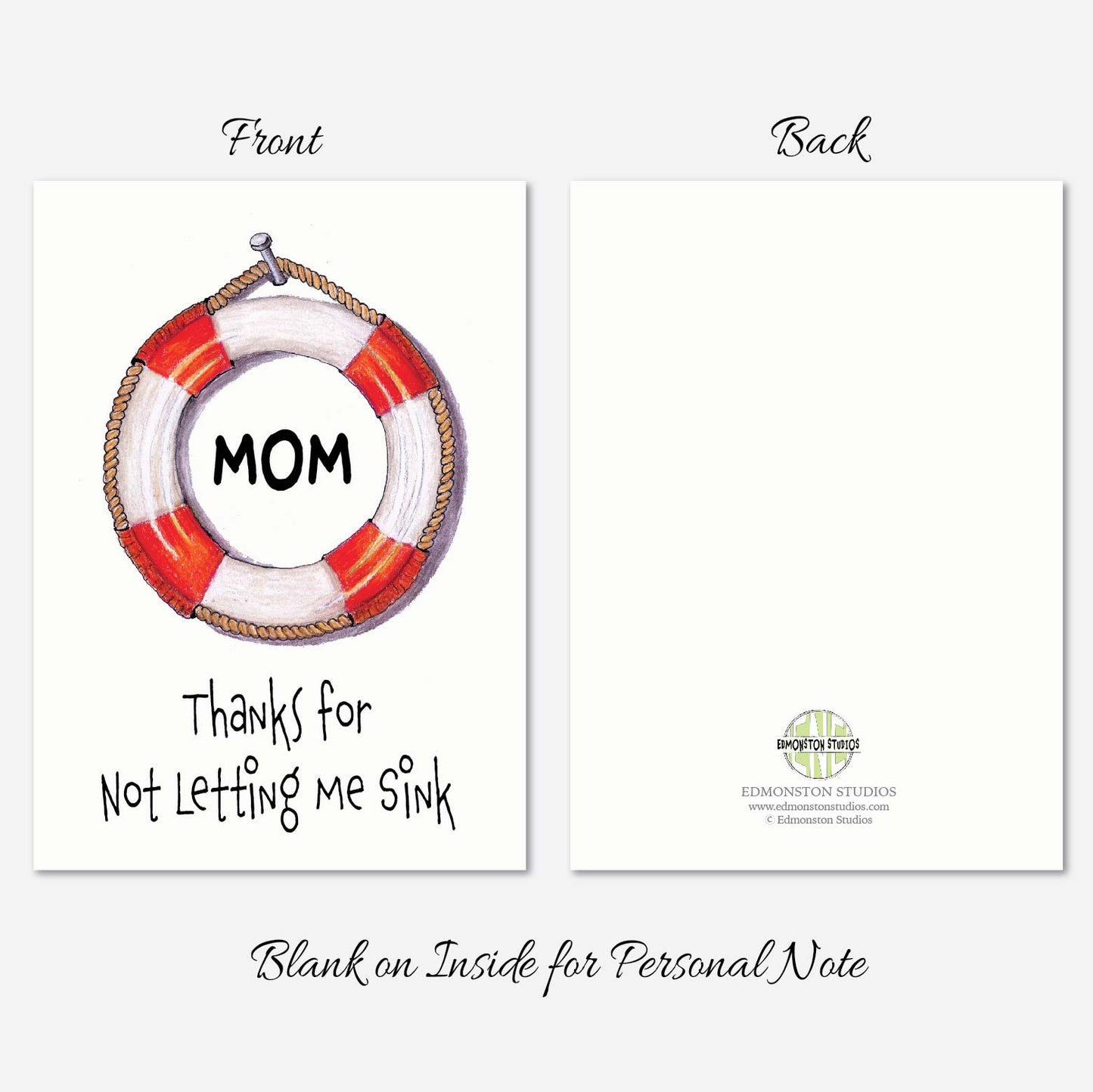 Mothers Day Card, Life Buoy, Humorous Mom Card: A7 5x7 on Textured Linen | Blank, Standard Greeting of Personalized