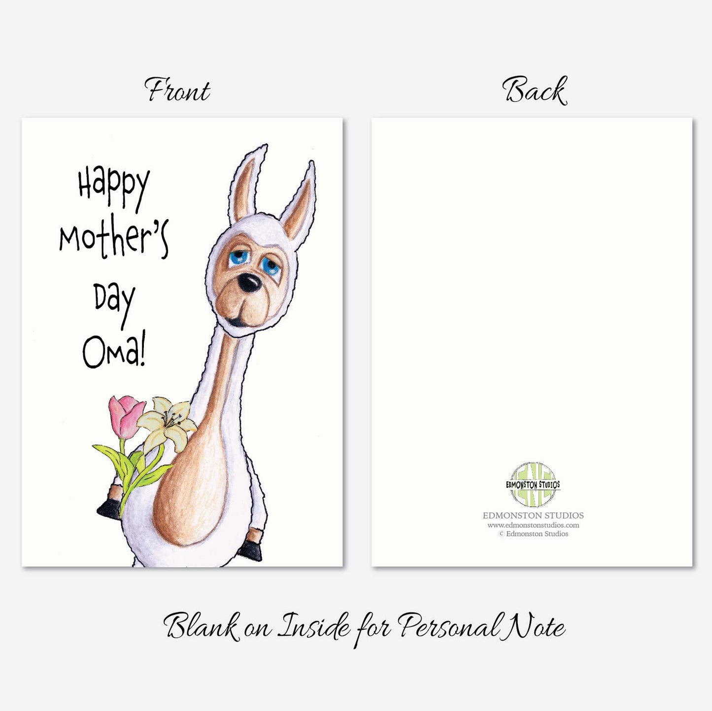 Happy Mothers Day Oma Llama Card A7 5x7 on Textured Linen