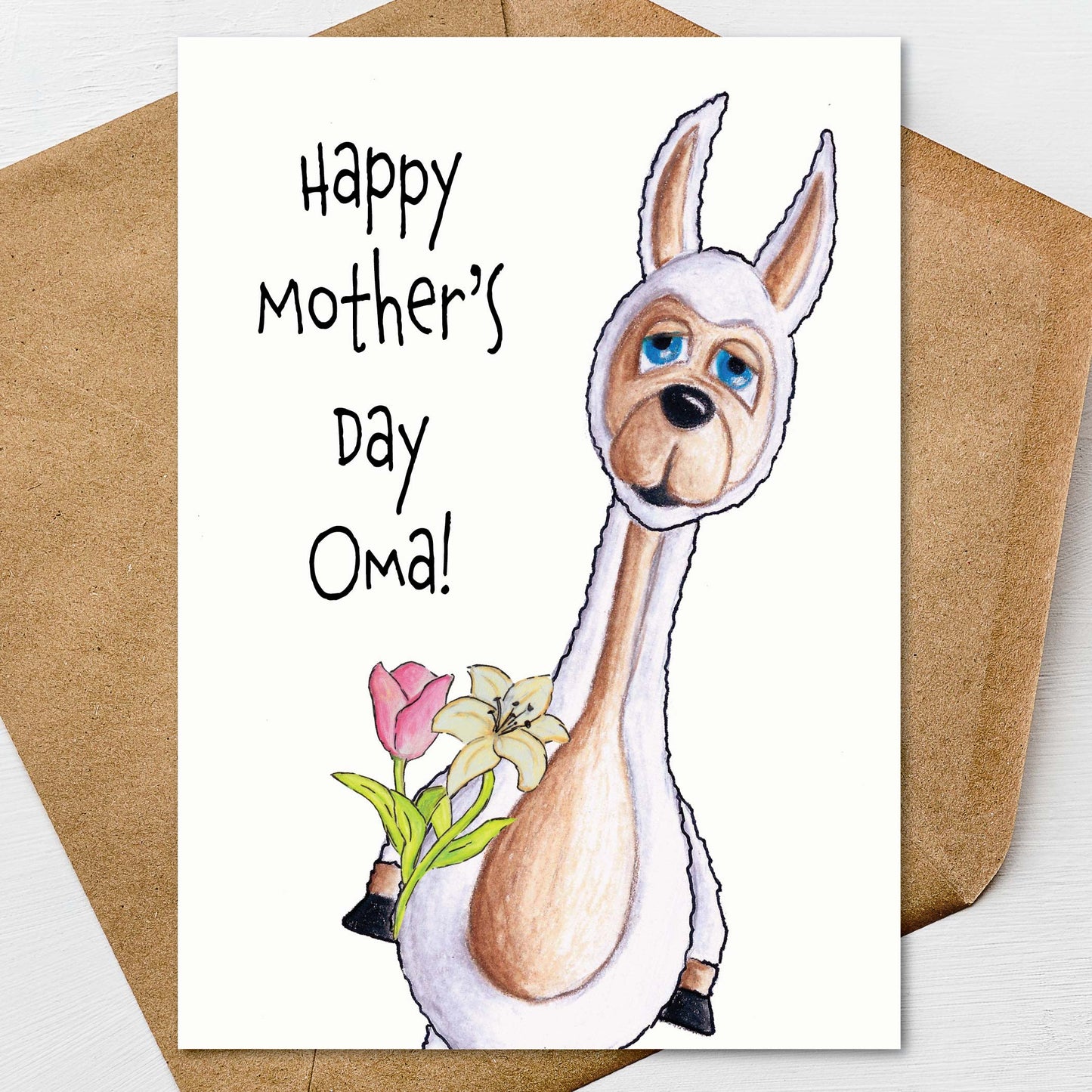 Happy Mothers Day Oma Llama Card A7 5x7 on Textured Linen