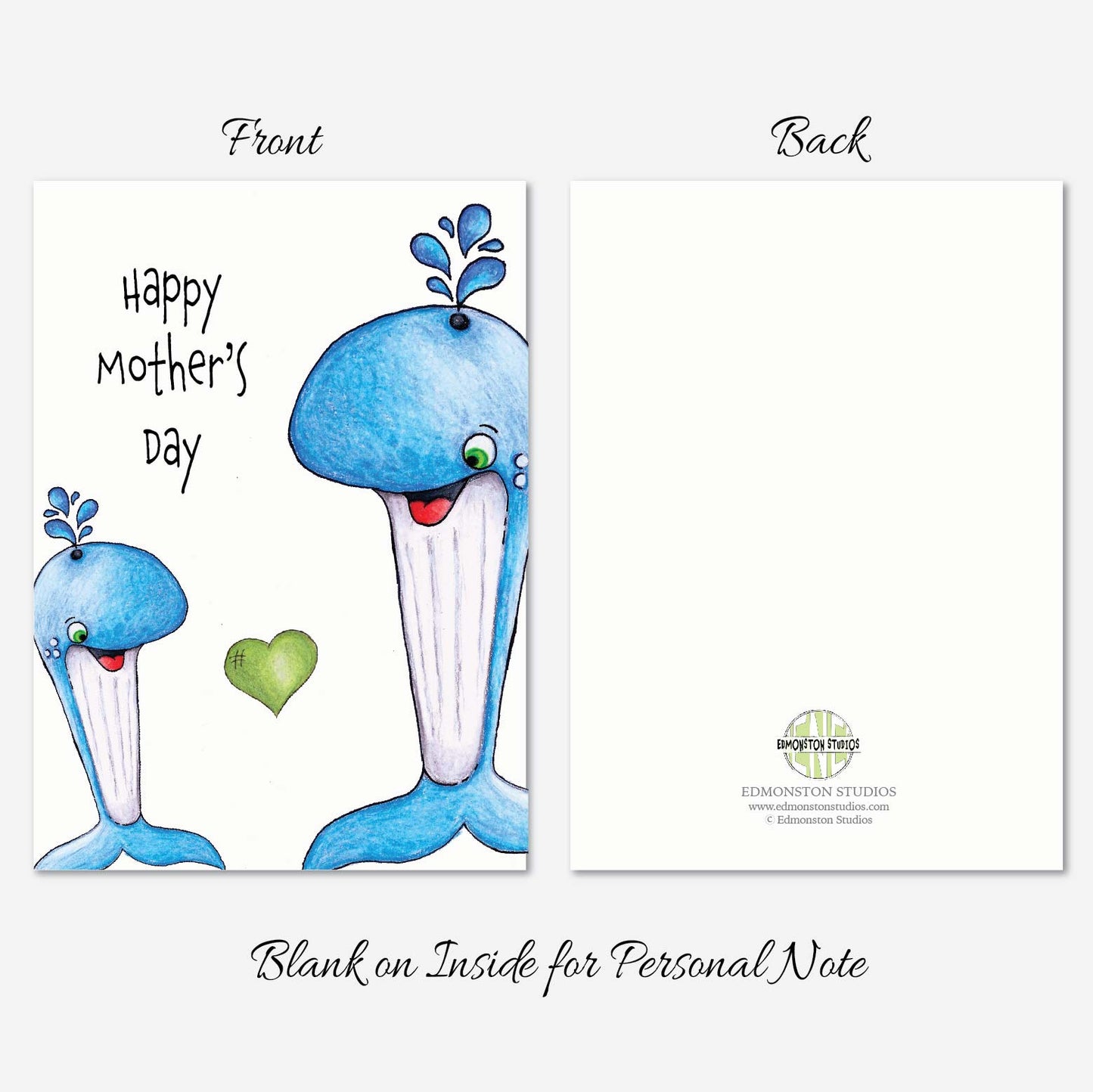 Happy Mothers Day Whale Card A7 5x7 on Textured Linen
