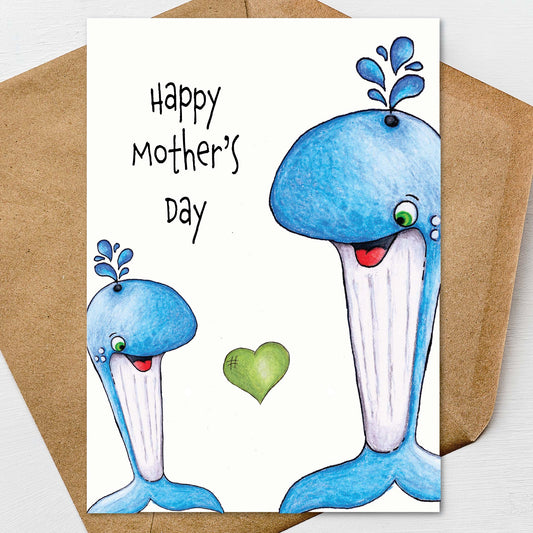 Happy Mothers Day Whale Card A7 5x7 on Textured Linen