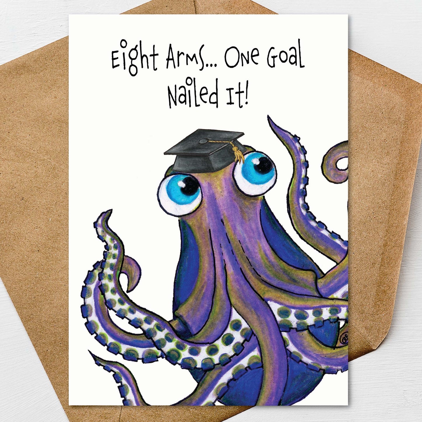 Octopus Graduation Card A7 5x7 on Textured Linen | Blank, Standard Greeting, or Personalized