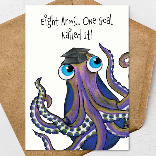 Octopus Graduation Card A7 5x7 on Textured Linen | Blank, Standard Greeting, or Personalized