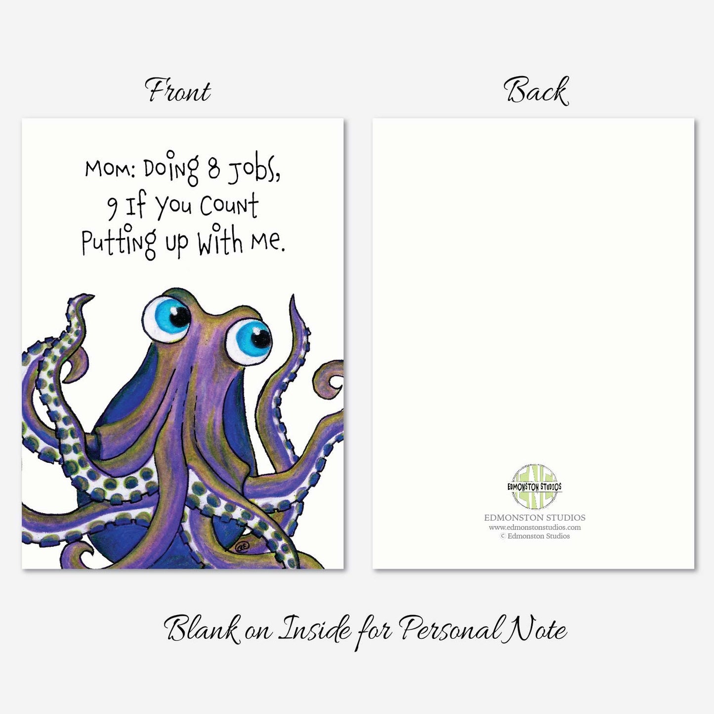 Funny Octopus Mother's Day Card: A7 on Textured Linen 5x7 | Blank, Standard Greeting, or Personalized
