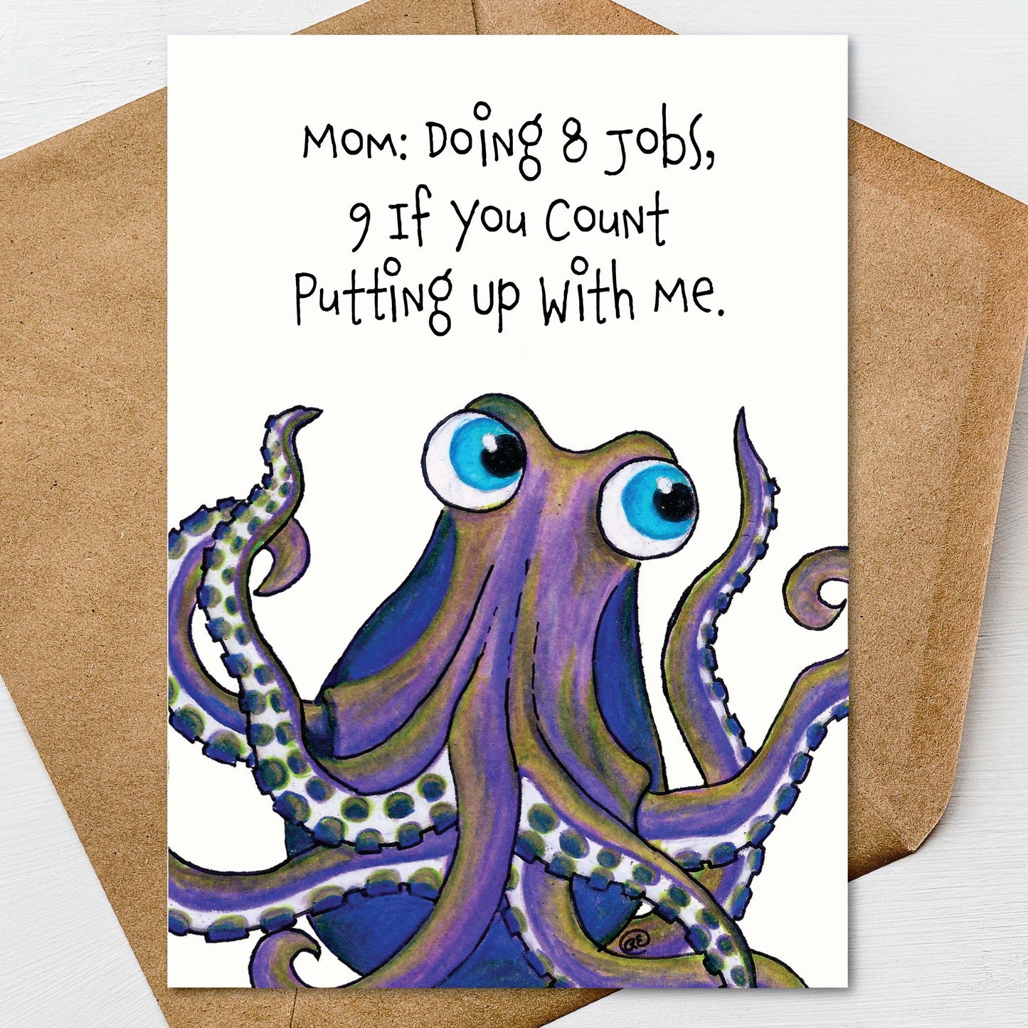 Funny Octopus Mother's Day Card: A7 on Textured Linen 5x7 | Blank, Standard Greeting, or Personalized