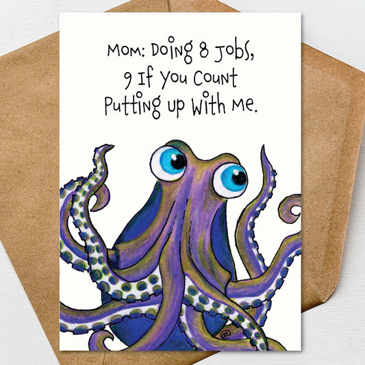 Funny Octopus Mother's Day Card: A7 on Textured Linen 5x7 | Blank, Standard Greeting, or Personalized
