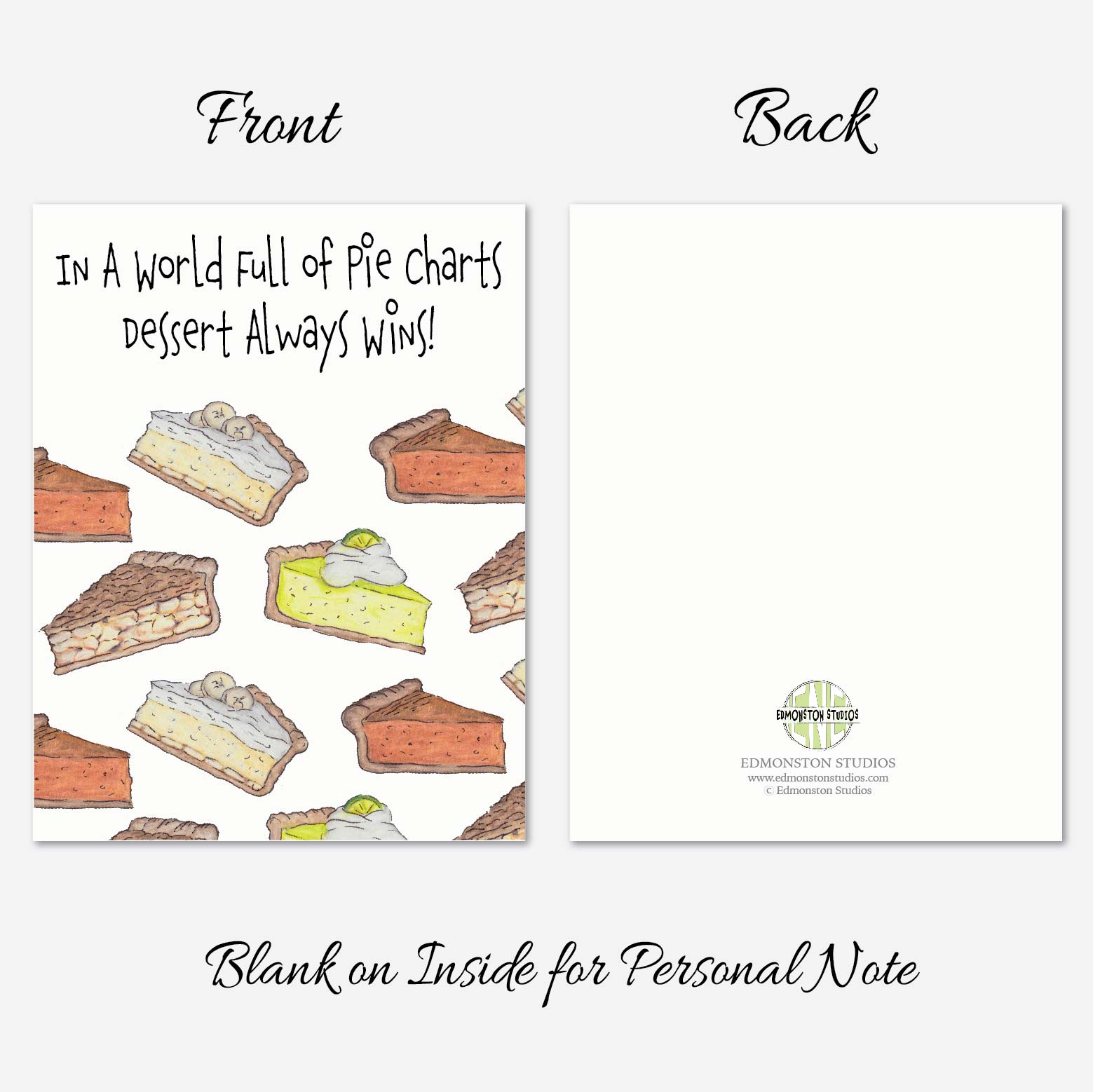 Funny pie note cards inspired by pie humor and original artwork