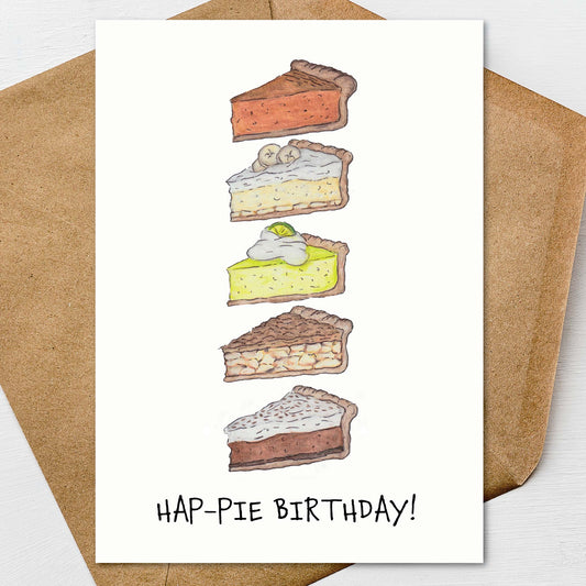 Hand illustrated pie birthday card with 4 Different Slices of Pie and Hap-Pie Birthday pun