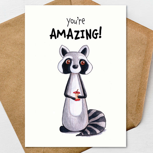 You're Amazing Raccoon Card Friendship Care Encouragement Affirmation Positivity, Support A7 Textured Linen Card
