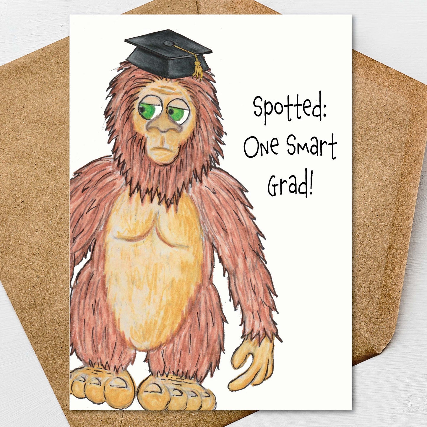 Sasquatch Bigfoot Graduation Card A7 5x7 on Textured Linen | Blank, Standard Greeting, or Personalized