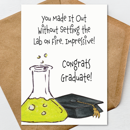 Funny Science Graduation Card, Lab Humor Grad Card, Nerdy Congrats A7 5x7 on Textured Linen | Blank, Standard Greeting, or Personalized
