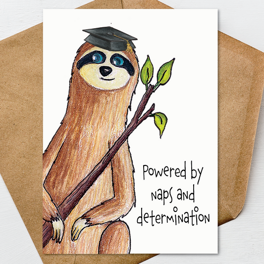 Funny Sloth Graduation Card, Powered By Naps, Congrats Graduate A7 5x7 on Textured Linen | Blank, Standard Greeting, or Personalized
