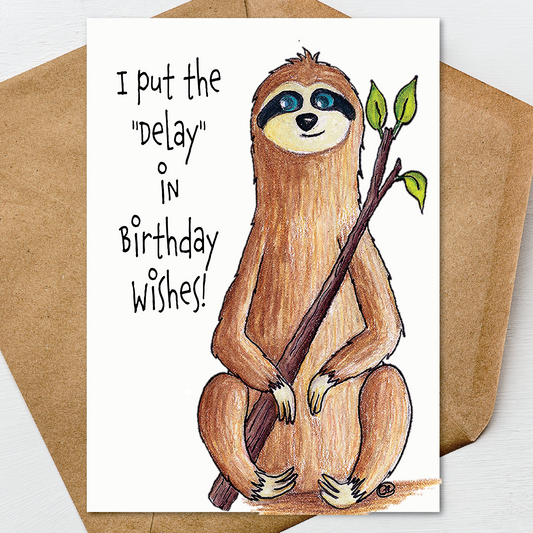 Sloth Birthday Card A7 5x7 on Textured Linen | Blank, Standard Greeting, or Personalized