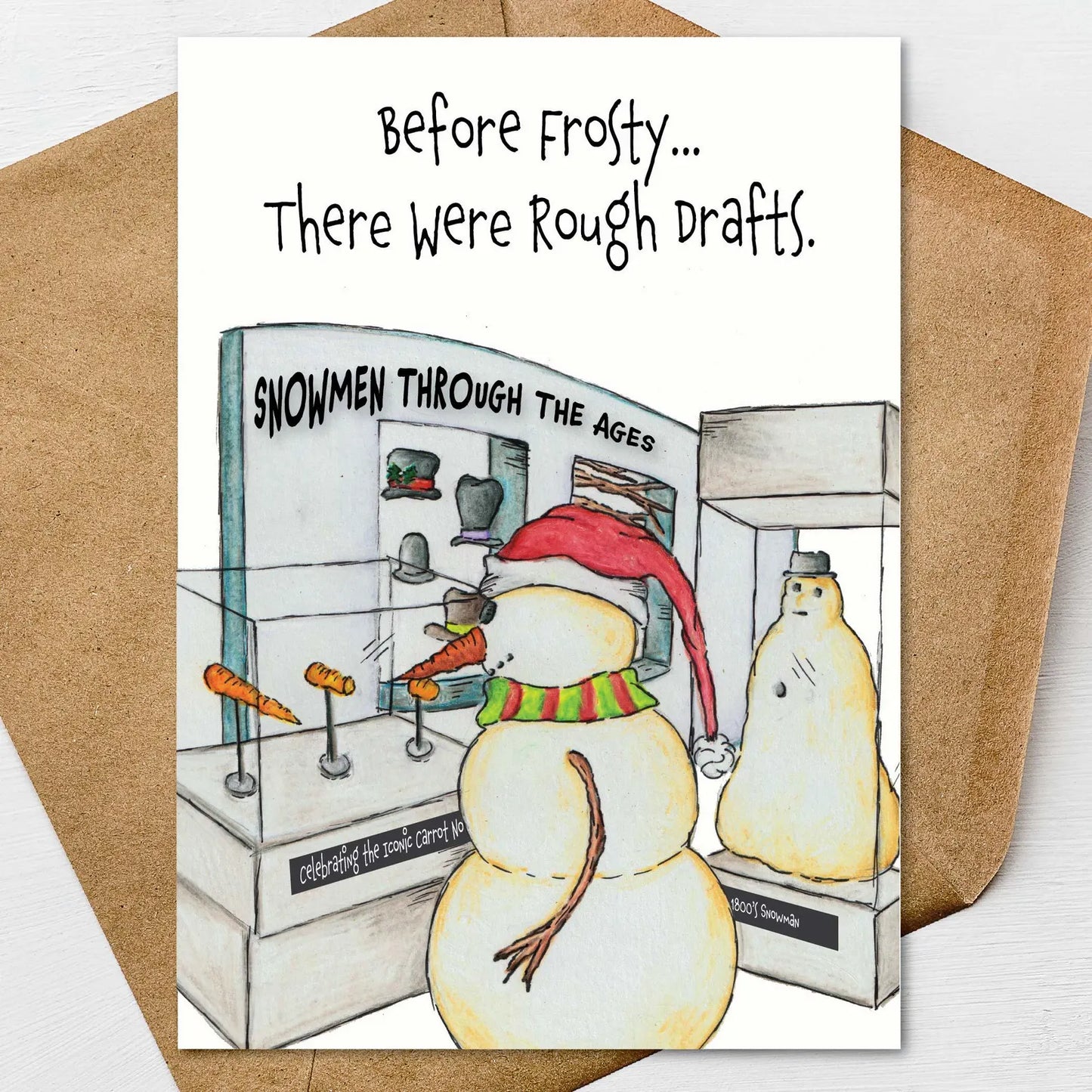 Funny Snowman Christmas Card, Before Frosty There Were Rough Drafts, Museum Snowmen History Christmas Card, Hand Illustrated Holiday Card
