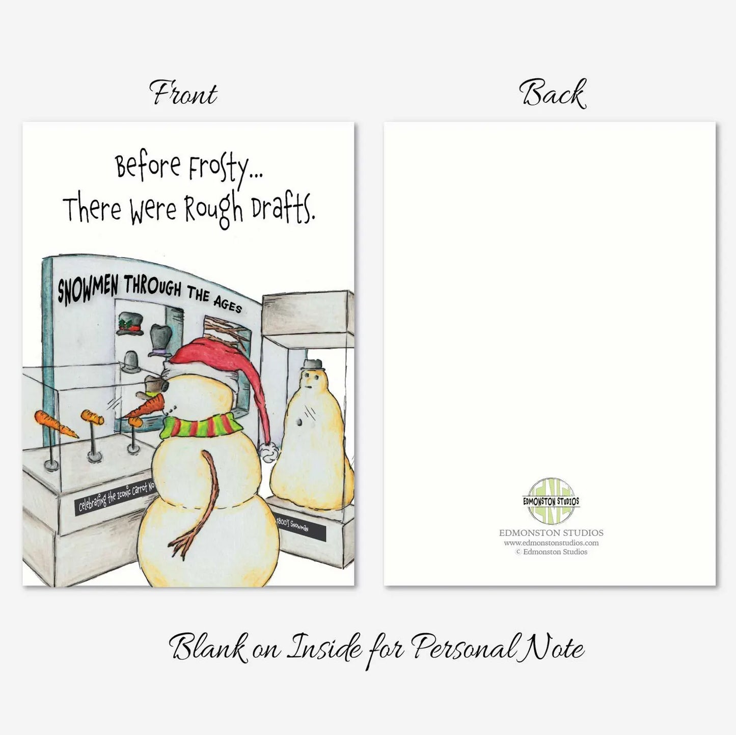 Funny Snowman Christmas Card, Before Frosty There Were Rough Drafts, Museum Snowmen History Christmas Card, Hand Illustrated Holiday Card