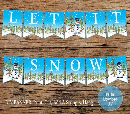Let It Snow Winter Snowman Banner Sign Printable Decor Christmas Instant Download