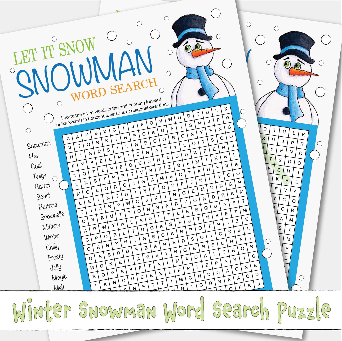 Snowman Winter Word Search Look and Find Puzzle Game Activity Printable Instant Download