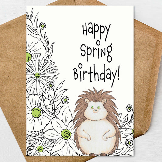 Spring Hedgehog Birthday Card A7 5x7 on Textured Linen