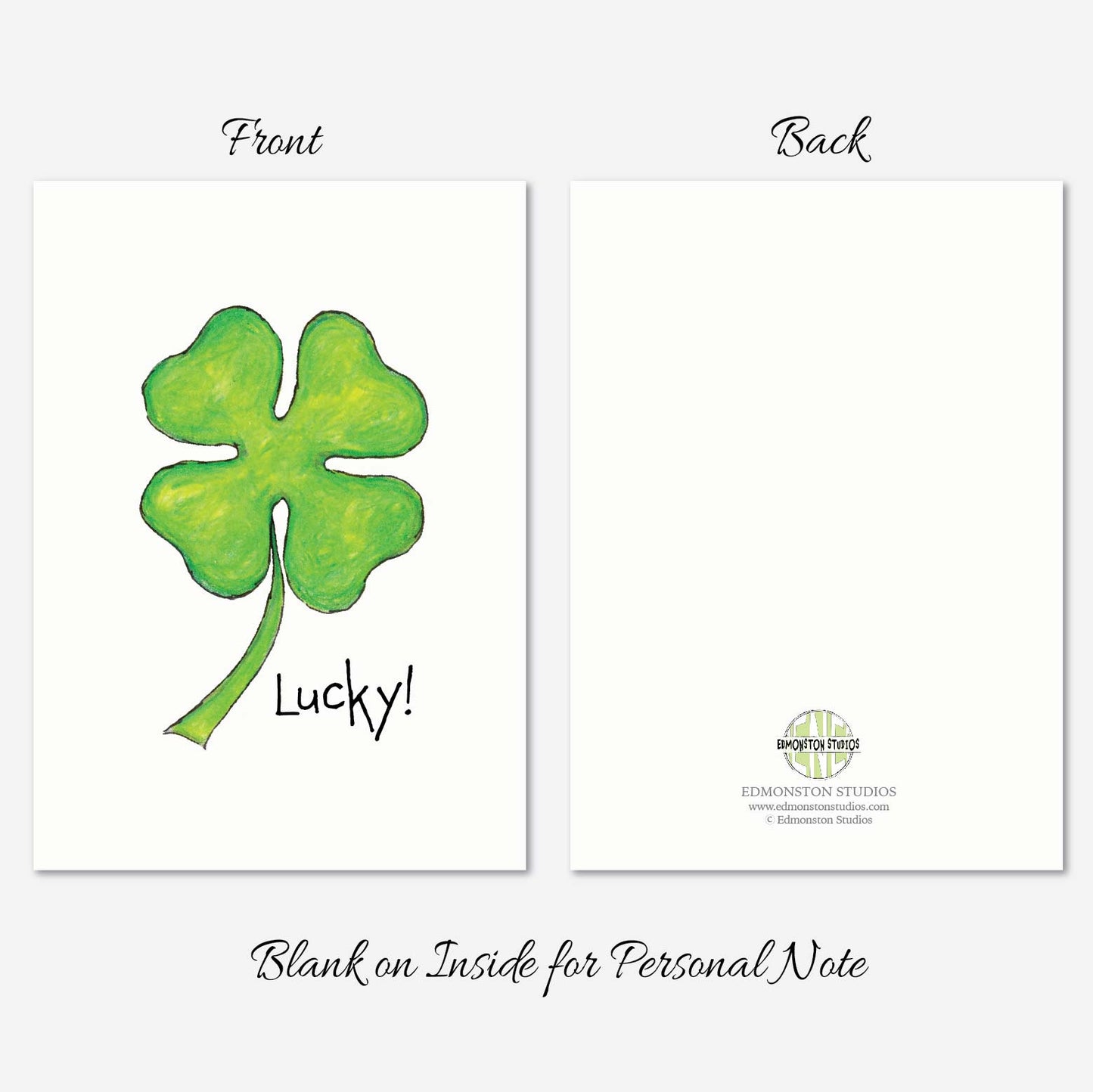 Lucky Four Leaf Clover Affirmation Appreciation Card A7 5x7 on Textured Linen