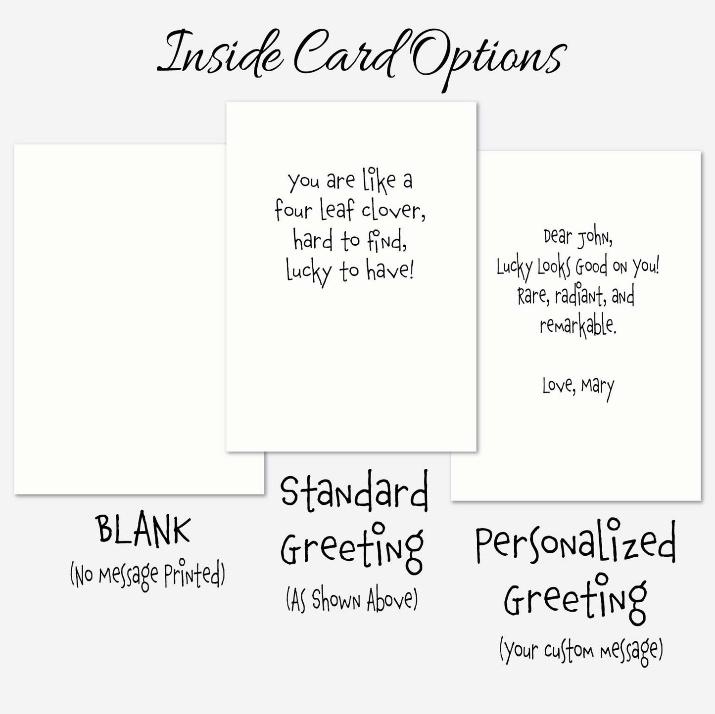 Lucky Four Leaf Clover Affirmation Appreciation Card A7 5x7 on Textured Linen