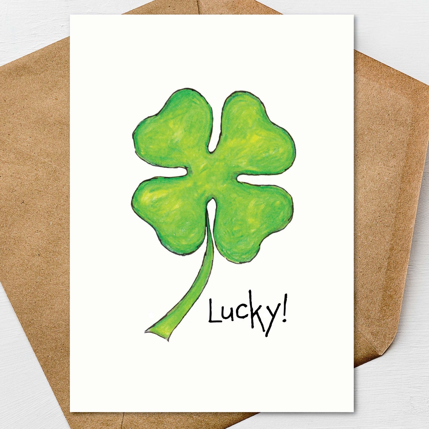 Lucky Four Leaf Clover Affirmation Appreciation Card A7 5x7 on Textured Linen