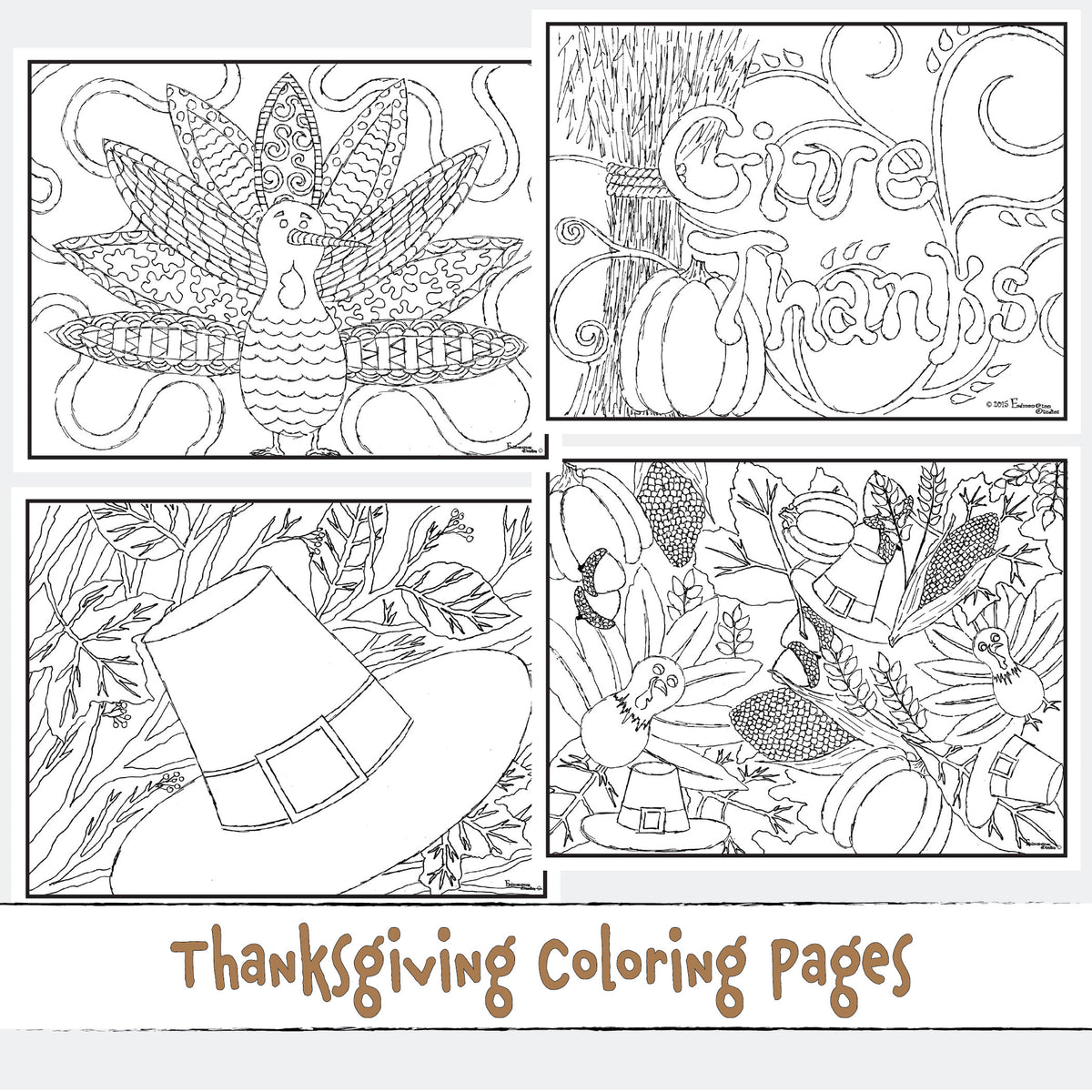 Hand Drawn Thanksgiving Coloring Pages, 4 Printable Fall Coloring Sheets for Adults