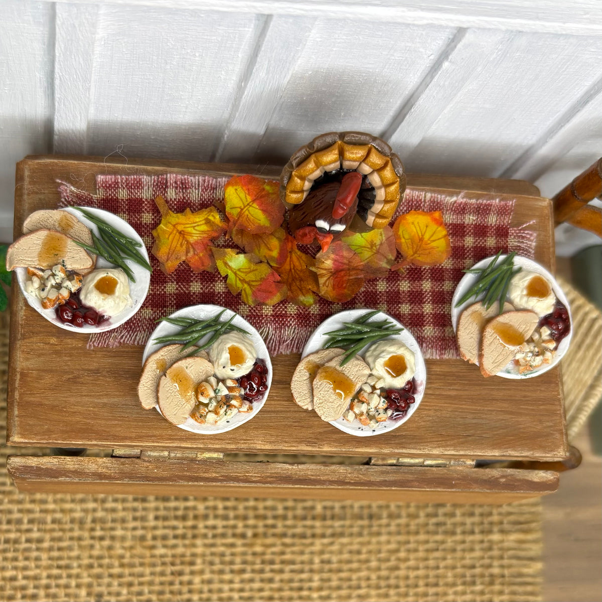 1:12 Scale Miniature Thanksgiving Turkey Dinner Plates – Handmade Dollhouse Holiday Food – Traditional Thanksgiving