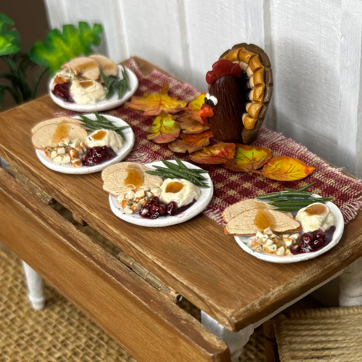 1:12 Scale Miniature Thanksgiving Turkey Dinner Plates – Handmade Dollhouse Holiday Food – Traditional Thanksgiving