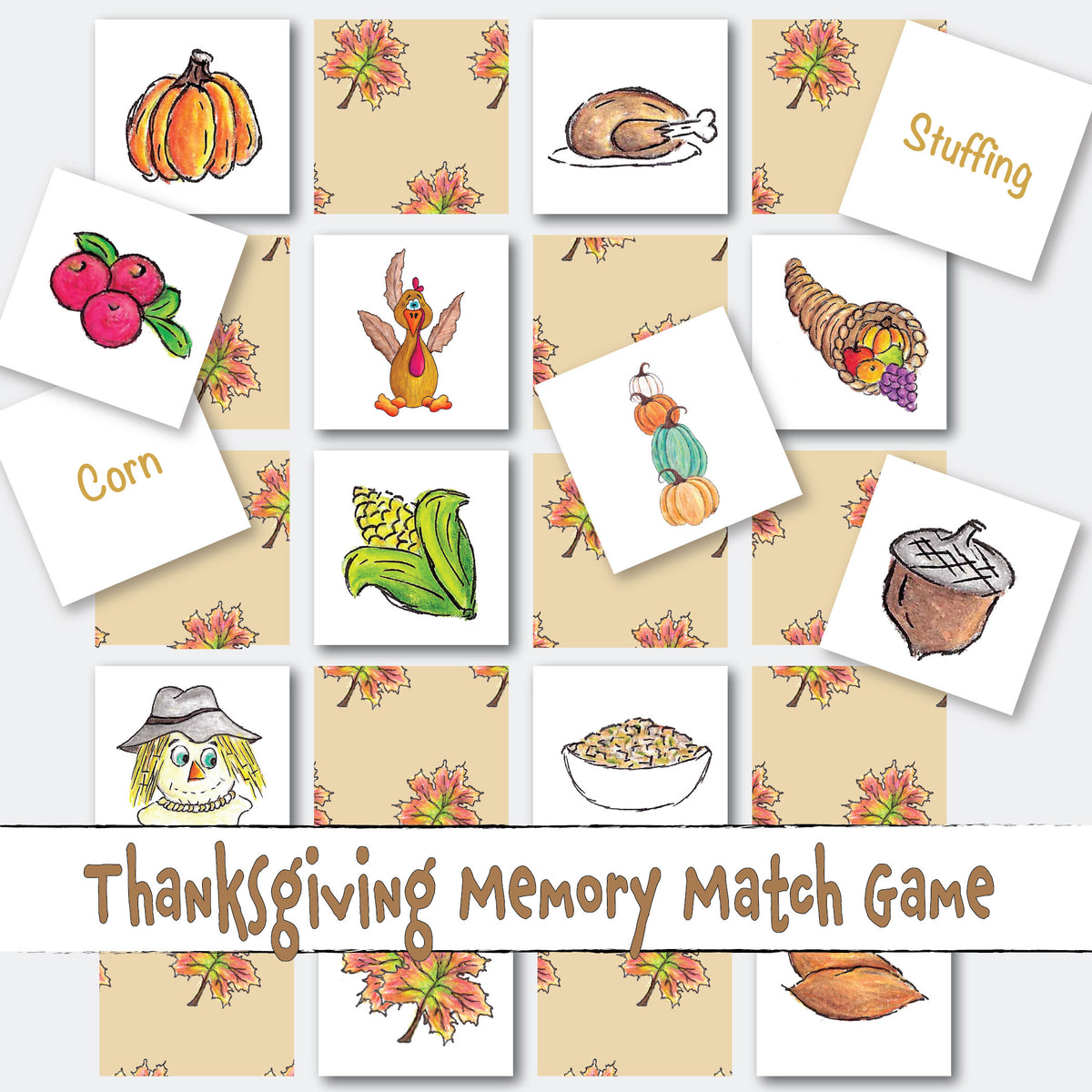 Printable Thanksgiving Concentration Memory Match Picture Word Card Game