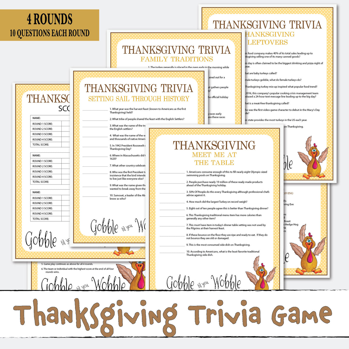Thanksgiving Trivia 4 Rounds 40 Questions Printable Activity Game Instant Download