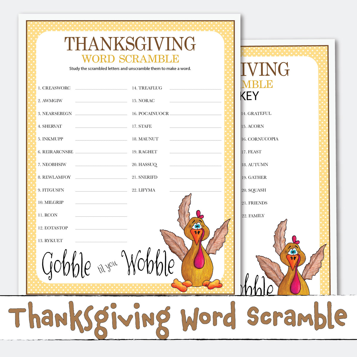 Thanksgiving Word Scramble 22 Word Printable Game Activity Instant Download