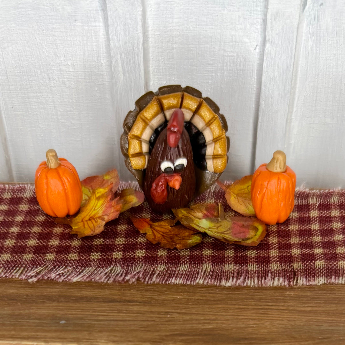 Miniature Thanksgiving Table Centerpiece 1:12 Scale, Handmade Turkey Pumpkins & Fall Leaves, Dollhouse Thanksgiving Decor