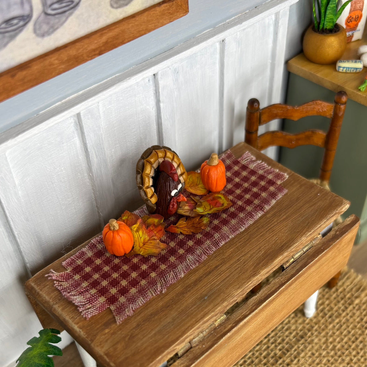 Miniature Thanksgiving Table Centerpiece 1:12 Scale, Handmade Turkey Pumpkins & Fall Leaves, Dollhouse Thanksgiving Decor